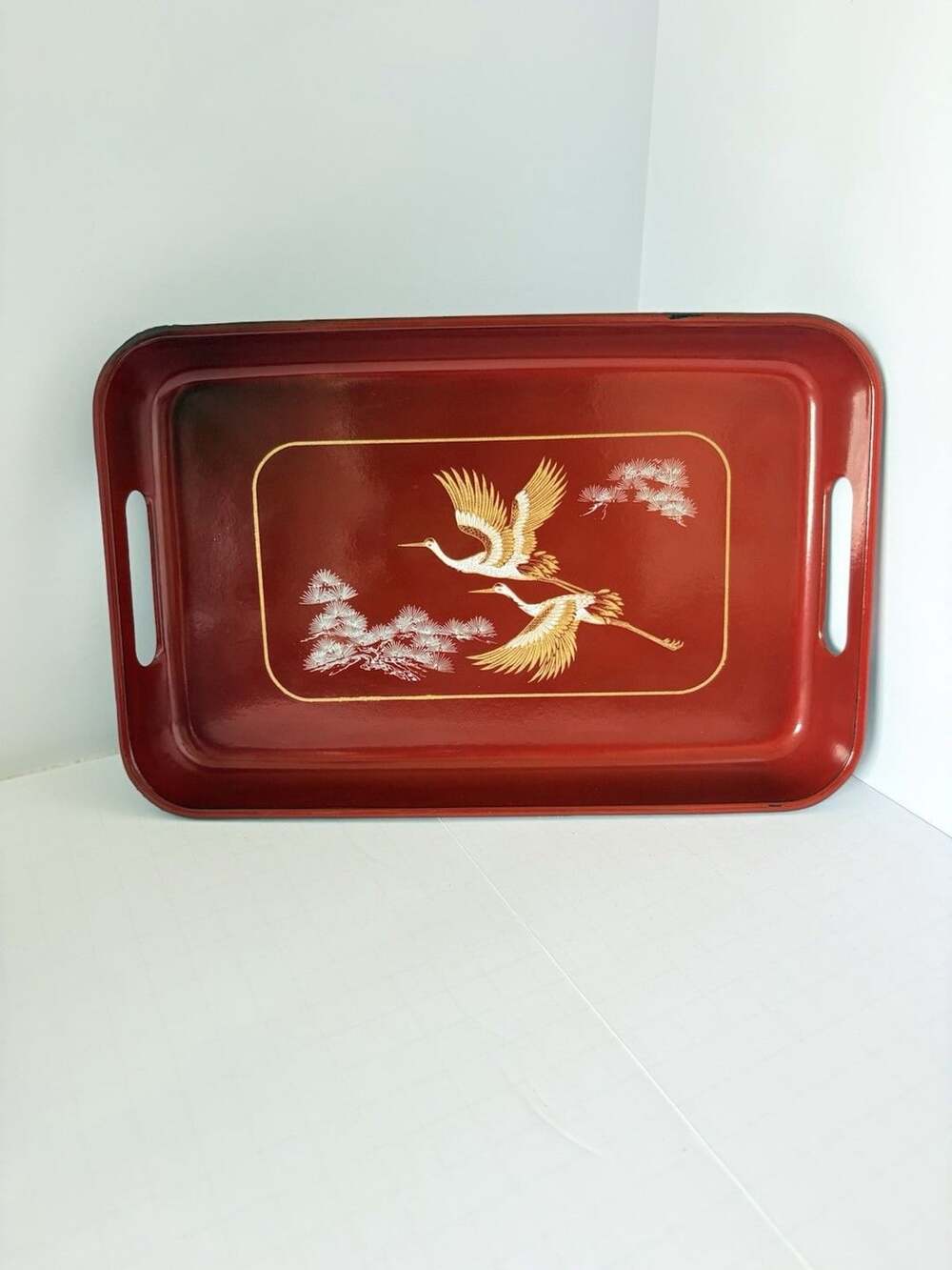 Vintage Japanese Red Lacquerware Crane Pine Serving Tray Made in Japan 11"